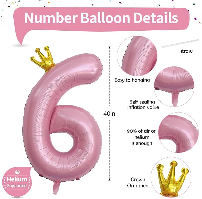 Large Number 6 Balloons, Light Pink 40 Inch Foil Number Balloon - Image 2