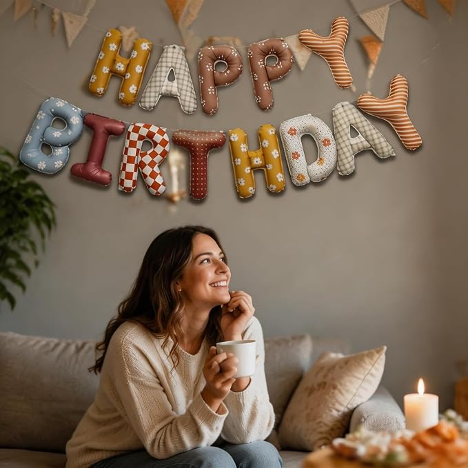 Boho Retro Happy Birthday Foil Letter Balloon Banner, 16 Inch, Birthday Party - Image 5