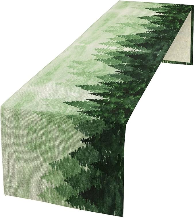 Foggy Forest Table Runner,Watercolor Wreen Misty Forest Landscape Table Runner for Kitchen Dining Table Home Party Decoration 13x108 Inch