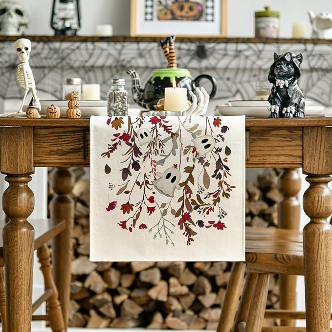 Artoid Mode Ghost Flowers Leaves 210 GSM Halloween Table Runner,Seasonal Fall Kitchen Dining Table Decoration for Home Party Decor 13x90 Inch