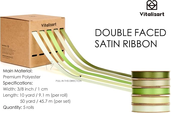 Vitalizart Green Ribbons for Crafts 3/8" x 50Yds Double-Faced Satin Thin | - Image 2