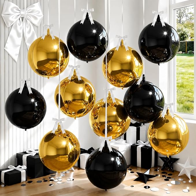 8 Pcs Black Gold Round Foil Balloons 22 Inch Metallic Gloden Black 4D Ball by Froova