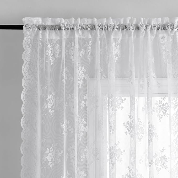 Kotile White Lace Kitchen Curtains Rustic Floral W52 x L36 Inch, 2 Panels | Rod - Image 3