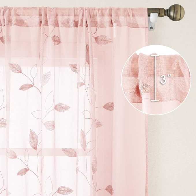 HOMEIDEAS Blush Pink Sheer Curtains 2 Panels Set, Embroidered Leaf, W52xL63 | - Image 5