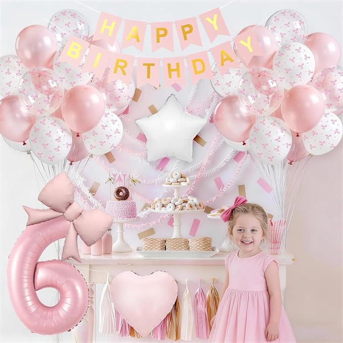 6th Pink Bow Birthday Decorations, 6th Birthday Balloon | Pink White Pastel Bow - Image 5
