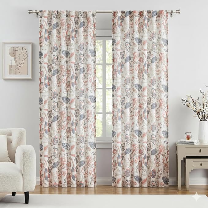 Kayne Studio Navy Red Jacobean Floral Rod Pocket Semi Sheer Curtains 84Inch | - Image 2