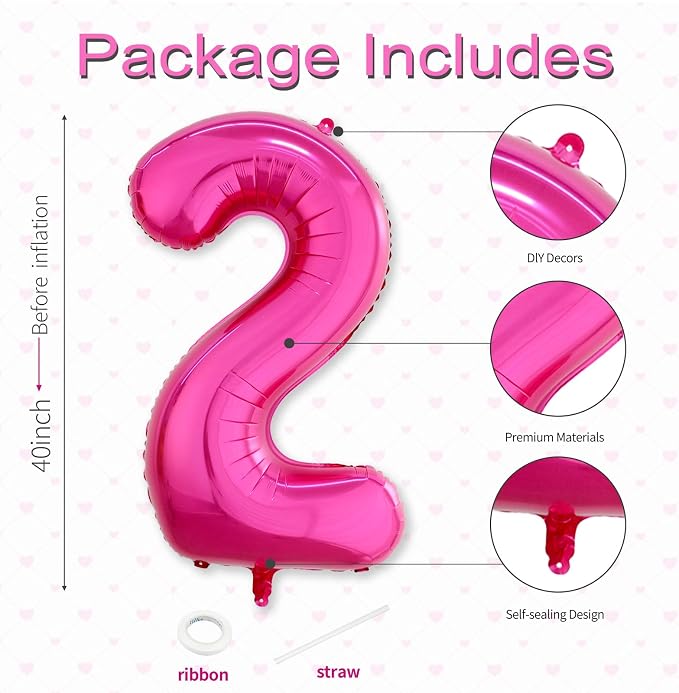 40 Inch Hot Pink Number 2 Balloon, Giant Number Balloons, Birthday Decor | - Image 3