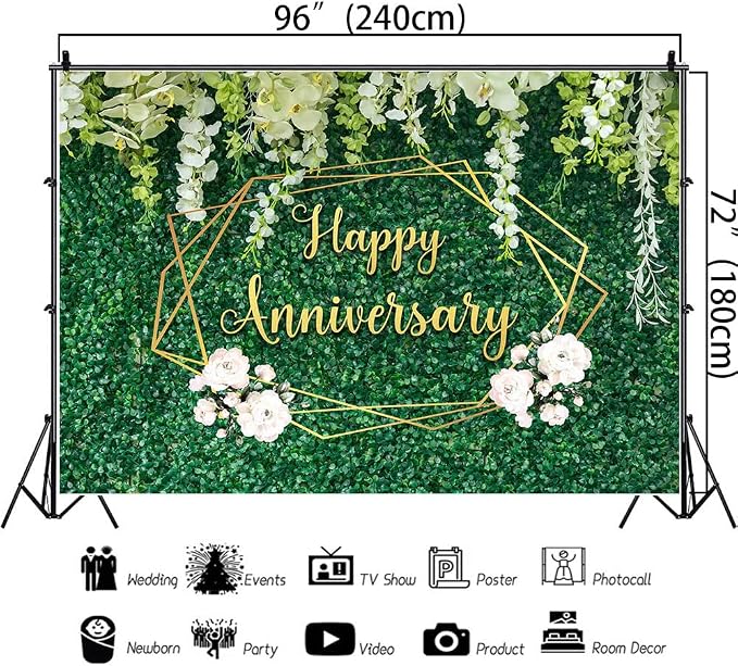 Green Leaves Wall Happy Anniversary Backdrop Banner 8×6Ft | Couple Wedding - Image 5