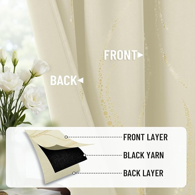 Yakamok Cream Light Blocking Curtains 63 Inches Long Gold Print Wide 52" | Gold - Image 6