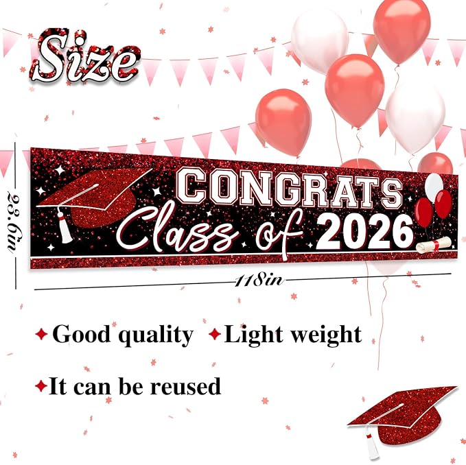 Large Congrats Class of 2026 Banner Red | Backdrop Graduation 2026 Yard Sign - Image 3