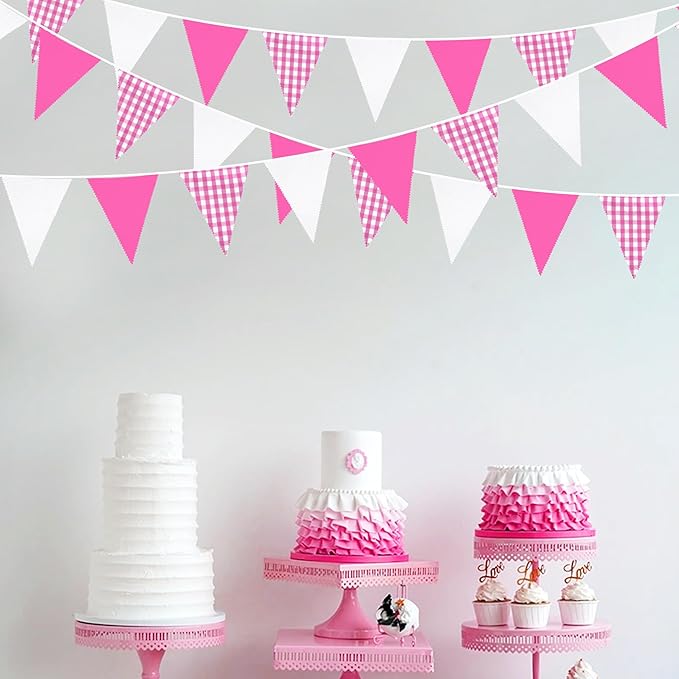 32Ft Hot Pink Party Decorations Pink Buffalo Plaid Checkered White Triangle Flag Gingham Pennant Fabric Garland Streamers for Wedding Birthday Baby Shower Anniversary Party Picnic Garden Decor