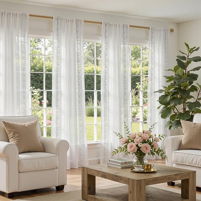 jinchan Floral Sheer Linen Curtains, Back Tab 50x84 Inch, 2 Panels White | Semi - Image 7
