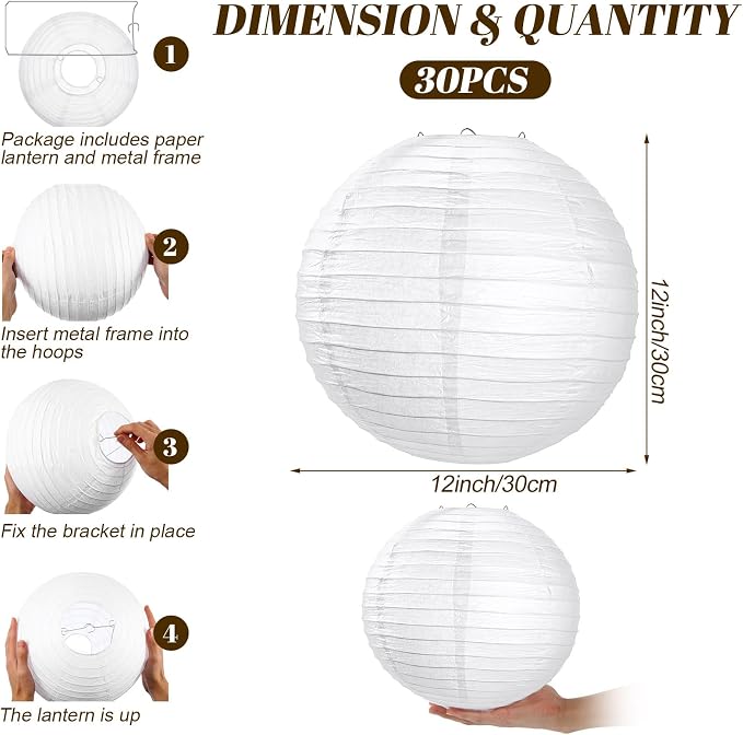 Treela 30 Pack White Chinese Japanese Paper Lanterns Decorative Hanging Round - Image 4