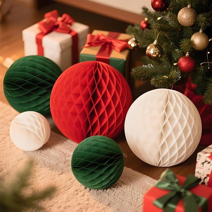 Red White and Green Paper Honeycomb Flower Balls-12 Pcs 6" 10" Tissue Pompoms - Image 3