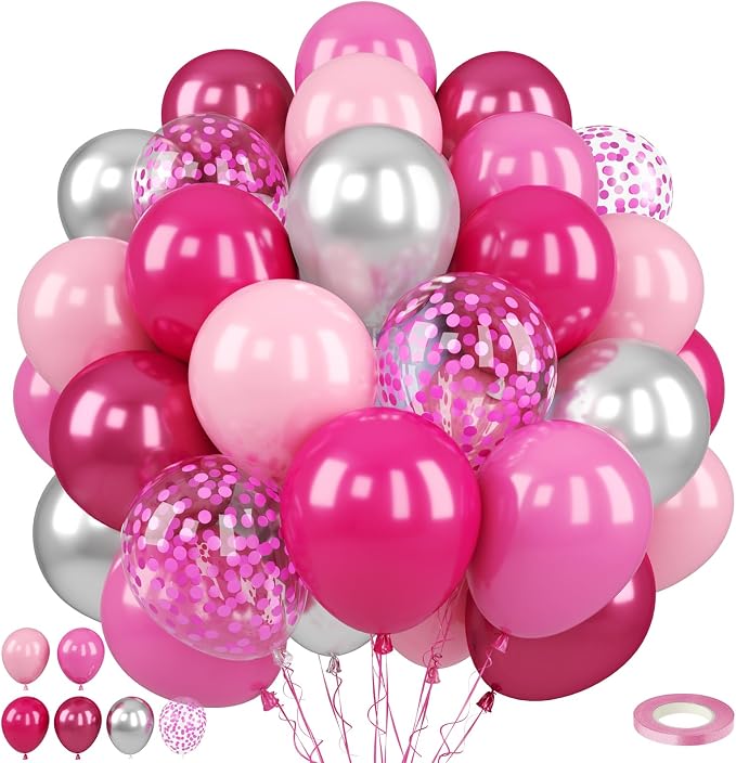 Paready Pink Balloons Set, 12 Inch Confetti Balloon Metallic Silver Party by Paready