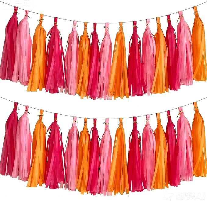 Hot Pink Pink and Orange Tassel Garland Banner, 30 Pack Paper Tassels Streamers by SIPRKAICT