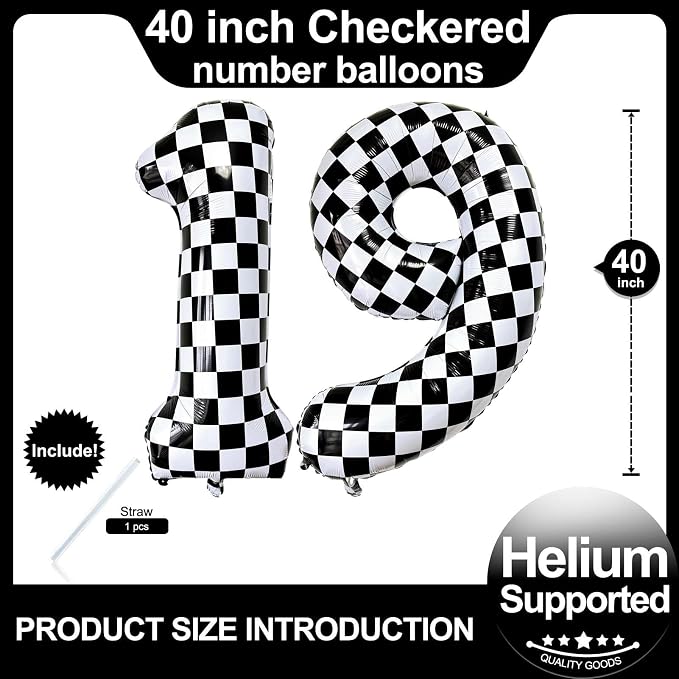 LHOAVWE Number 19 Checkered Balloons 40 Inch Giant Race Car Checkered 19 Number - Image 2