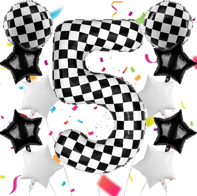 40 Inch Checkered Number Balloons 5 Black and White Foil Balloon by AXBMM