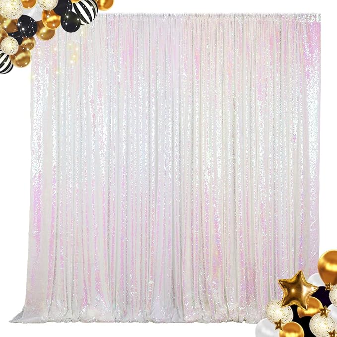 ShinyBeauty 7FTX7FT Iridescent White Sequin Backdrop | Glitter Wedding Photo by ShinyBeauty
