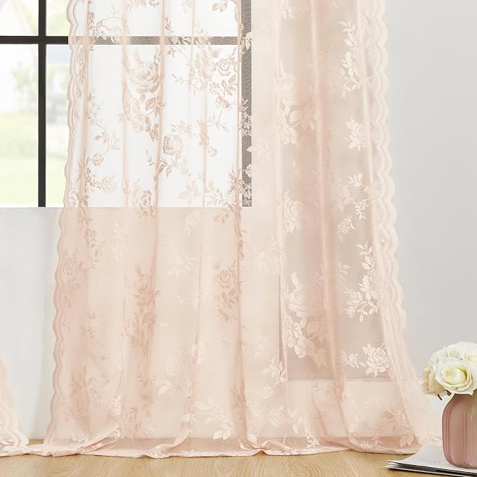 Sheer Lace Curtains 96 Inches Long 2 Panels Vintage Floral Curtains - Image 6
