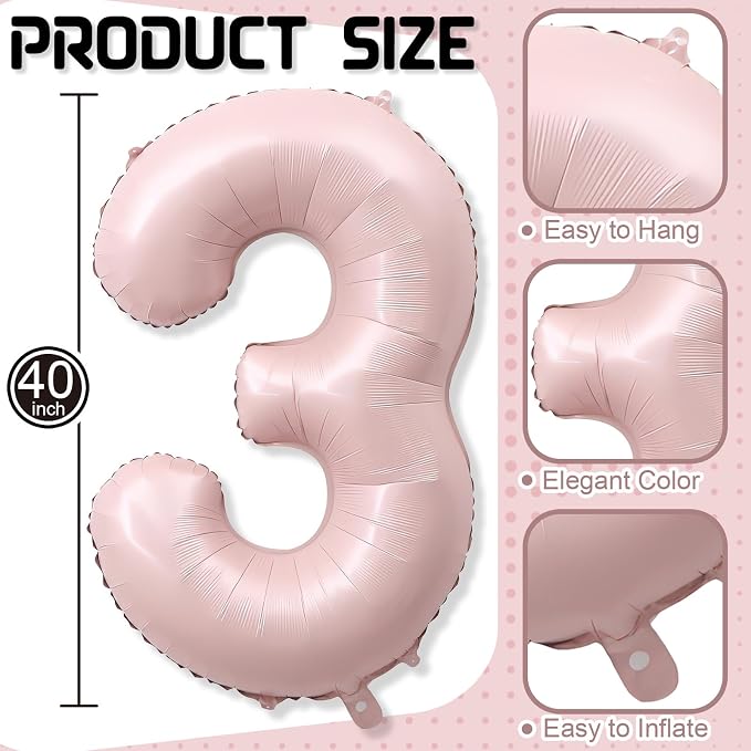 3rd Birthday Balloons for Girls, Pastel Dusty Blush Pink Large 3 Balloon Number - Image 2