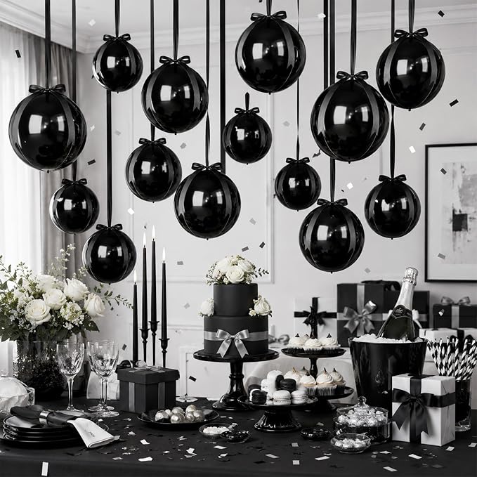 Black Round Foil Balloons with Satin Bows and Ribbon - Image 6