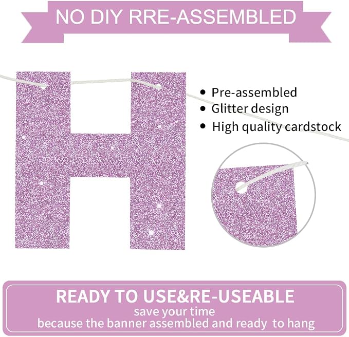 BEISHIDA Pre-Strung Light Purple Happy Birthday Banner Party Sign Decor | - Image 2