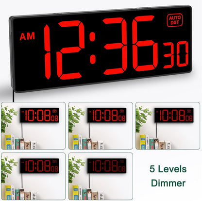 Soobest LED Digital Wall Clock, Large Digital Clock Bold Numbers with Seconds for Seniors Visually Impaired，Plug Electric Clock Dimmable Auto DST Large Display 10 Inches (Red)