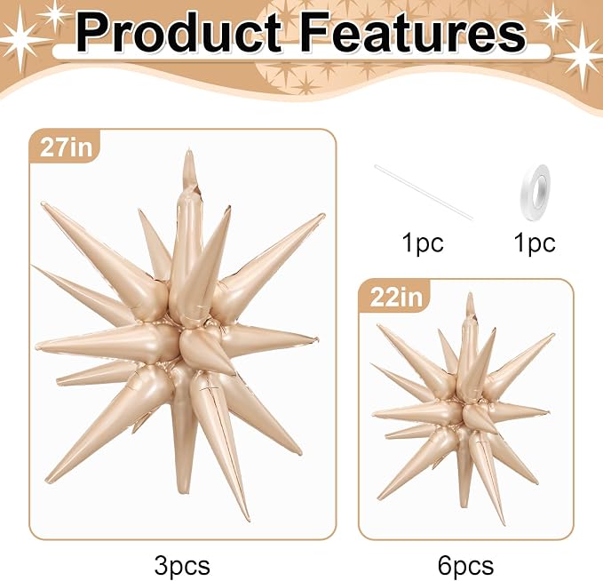 9Pcs Beige Star Balloons, Large Explosion Star Foil Balloons, Cream Caramel - Image 2