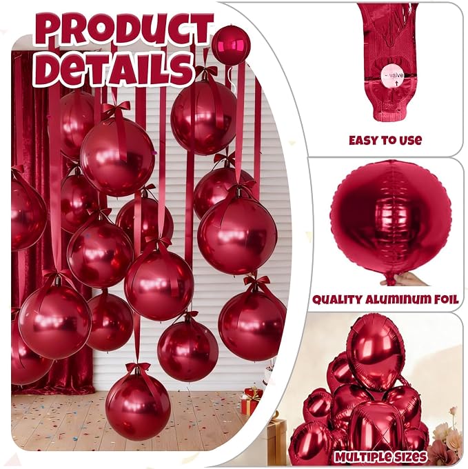 12Pcs Red Round Balloons Foil, Large Metallic Dark Red Burgundy Balloons - Image 3