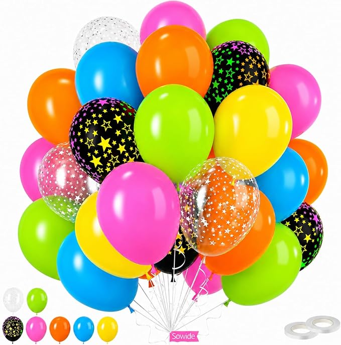 Glow Party Balloons, Lime Green Pink Orange Yellow Blue by Sowide