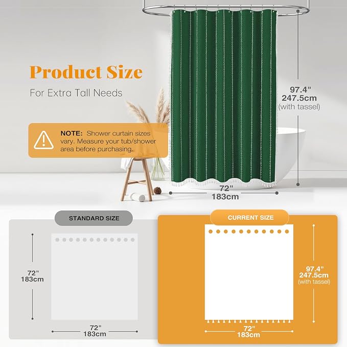 72x96 Extra Long Linen Heavy Duty Shower Curtain Set, Emerald Green | Extra - Image 3