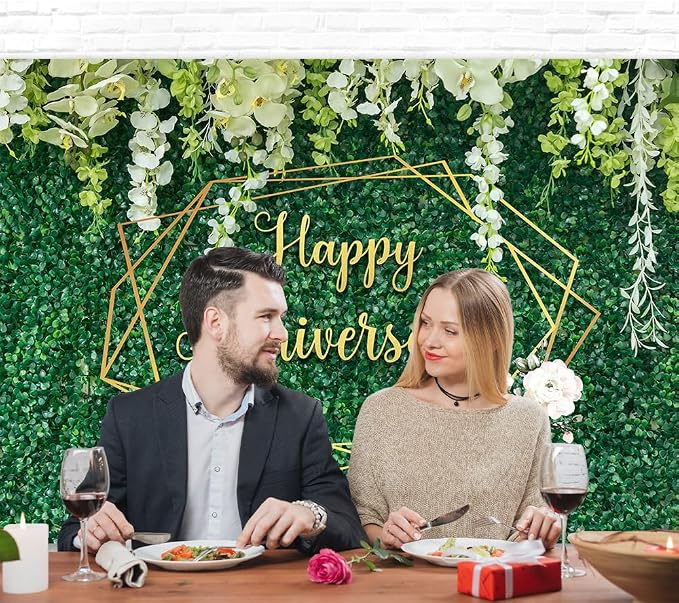 Green Leaves Wall Happy Anniversary Backdrop Banner 8×6Ft | Couple Wedding - Image 4