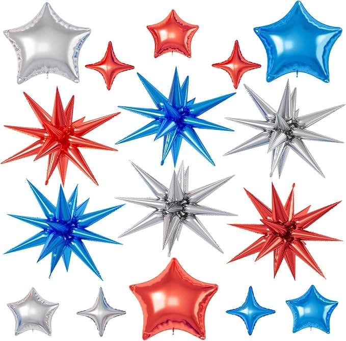 Red Blue Silver Star Balloons, 22/18/10 Inch Foil Balloons, Four-Pointed Balloon by Sowide