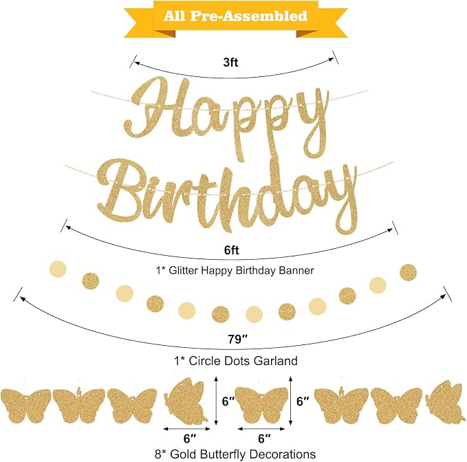 Pre-Strung Happy Birthday Banner, NO DIY Party Decorations | Glitter Gold - Image 2