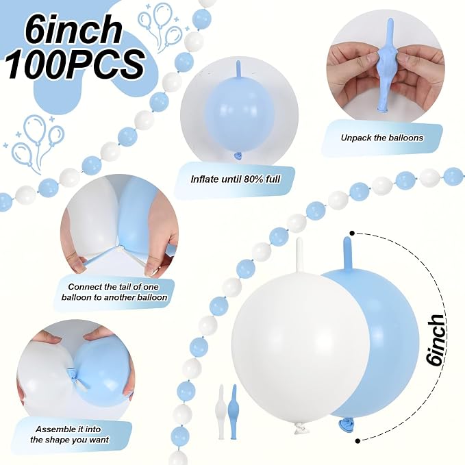 100PCS Blue and White Link Balloons, Baby Light Blue White Linking Balloons - Image 2