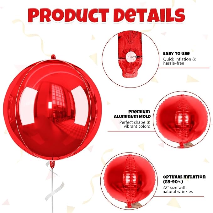 Red Round Foil Balloons, 22 Inch Red 4D Ball Balloons, Metallic Sphere Foil - Image 8