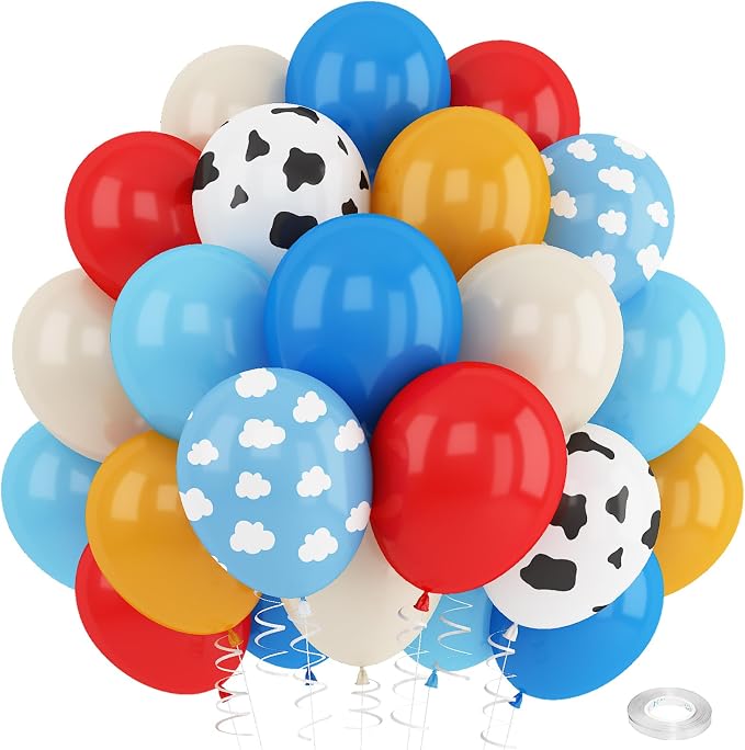 Red Blue Yellow Balloons 12inch Cow Print Sky Blue White Cloud Balloon by Paeyeq