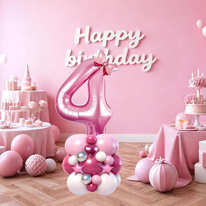 40 Inch Pink Number 4 Balloon Tower Set, Pastel Number Four Foil Balloon - Image 3