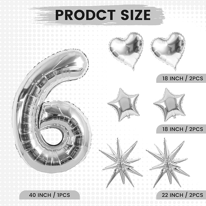 TONIFUL 6th Birthday Balloons Kit 40Inch Silver Large Number 6 Foil Balloon | - Image 2