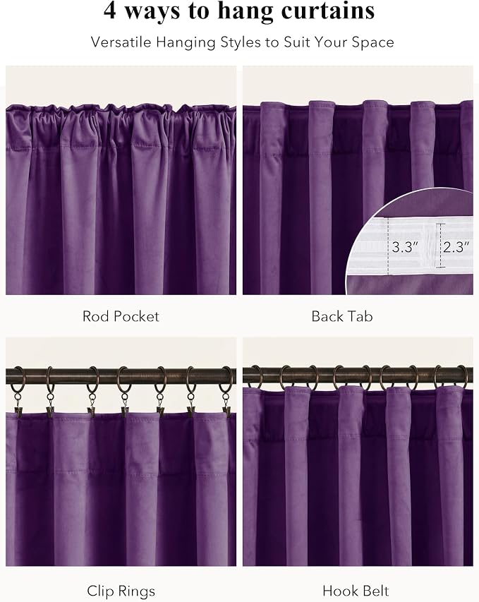 Purple Velvet Curtains for Grils Bedroom Nursery, W52 x L96, Modern Back Tab - Image 2