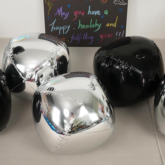 6Pcs Black Silver Round Foil Balloons, 22inch 4D Metallic Silver Black Balloons - Image 4
