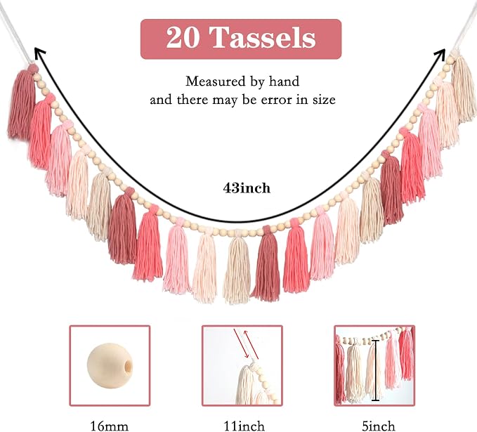 Pink Yarn Tassel Garland Boho Preppy Wall Hanging Decor Bunting Banner Tassels - Image 6