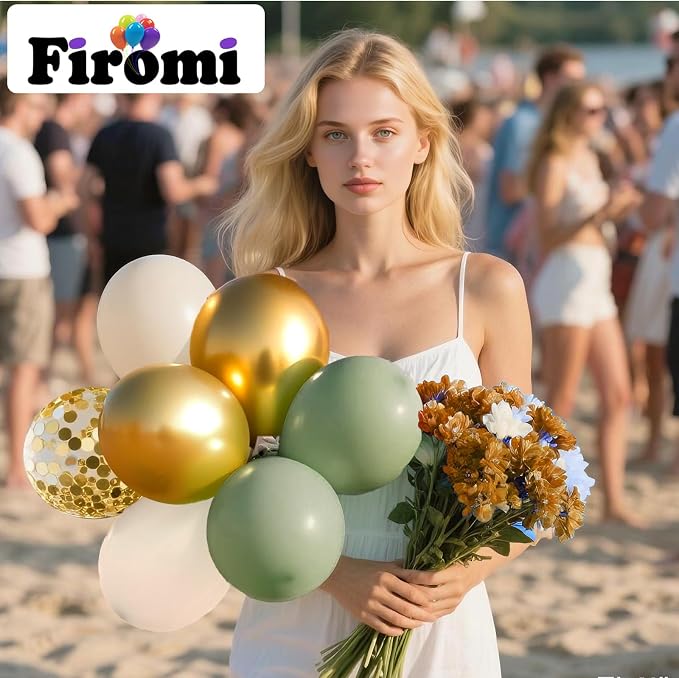 Firomi Metallic Chrome Gold and Sage Begie Balloons Set 12-inch 70 Pack | Sage - Image 4
