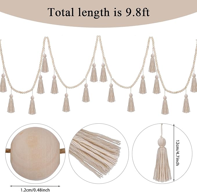 Janinka Tassel Garland Boho Classroom Decor Macrame Wooden Bead Garlands Wood - Image 2