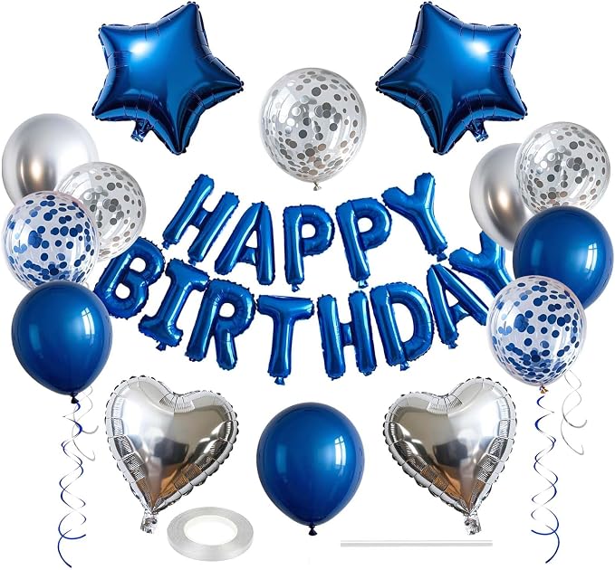 27 Pcs Blue Silver Birthday Decorations, 3D Letters Blue Happy Birthday Balloon by WEIKA