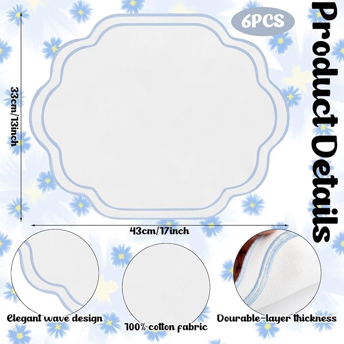 6Pcs Blue Cotton Wedding Placemats Scalloped Embroidered Placemats 17" x 13" - Image 2
