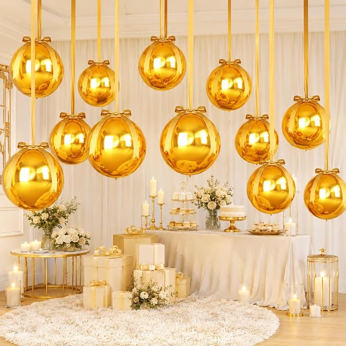 Gold Round Foil Balloons with Satin Bows and Ribbon - Image 8