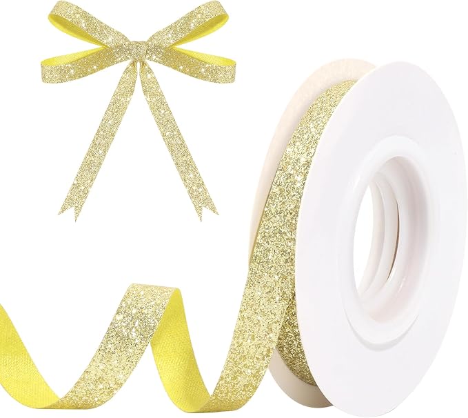 Gold Metallic Glitter Ribbon for Gift Wrapping 3/8in x 10Yds | Cheer Sparkle by HISWAN