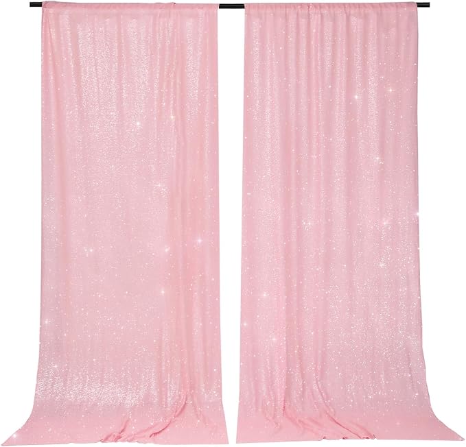 PartyDelight Pink Sequin Backdrop Curtains 5x10ft 2 Sparkly Panels | 4 Inch Rod by PartyDelight